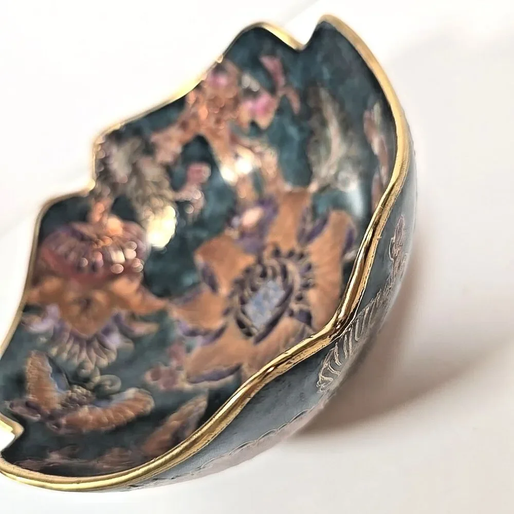 Cloisonné Multicolored Floral Bowl Vintage Chinese Gilded Teal Gold Decor 6
